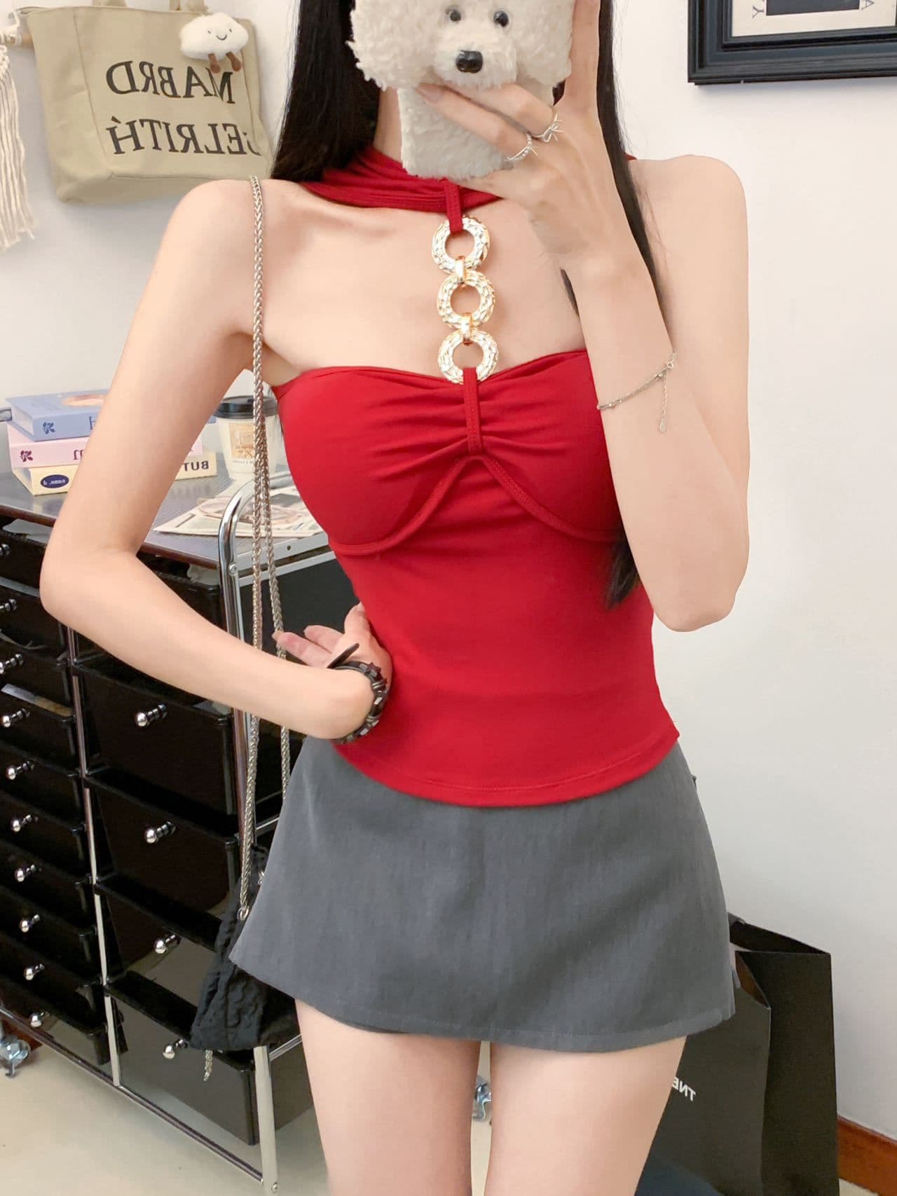 여름 새로운 순수한 욕망 훈련 사슬 행침 목 조끼 외출용 작은 대중 섹시함 원피스 벨트 가슴 패드 슬림해 보이는 상세 이미지 22