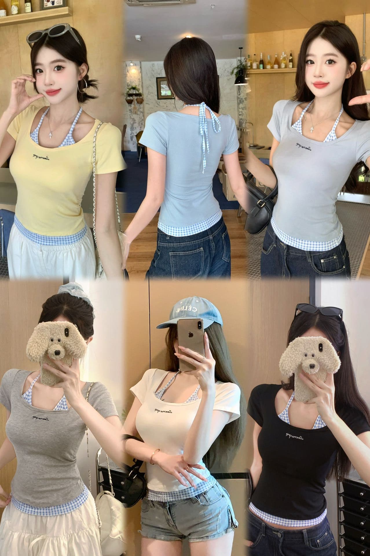 부드러운 황색 싸움 블루 체크무늬 행침 목 슬립 반팔 여성 여름 2025 새로운 몸매 가꾸기 허리 수축 슬림해 보이는 긍정적 인 어깨 의류 상세 이미지 1