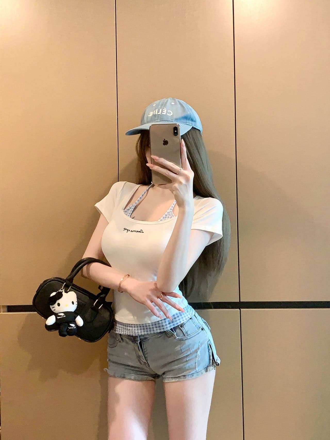 부드러운 황색 싸움 블루 체크무늬 행침 목 슬립 반팔 여성 여름 2025 새로운 몸매 가꾸기 허리 수축 슬림해 보이는 긍정적 인 어깨 의류 상세 이미지 13