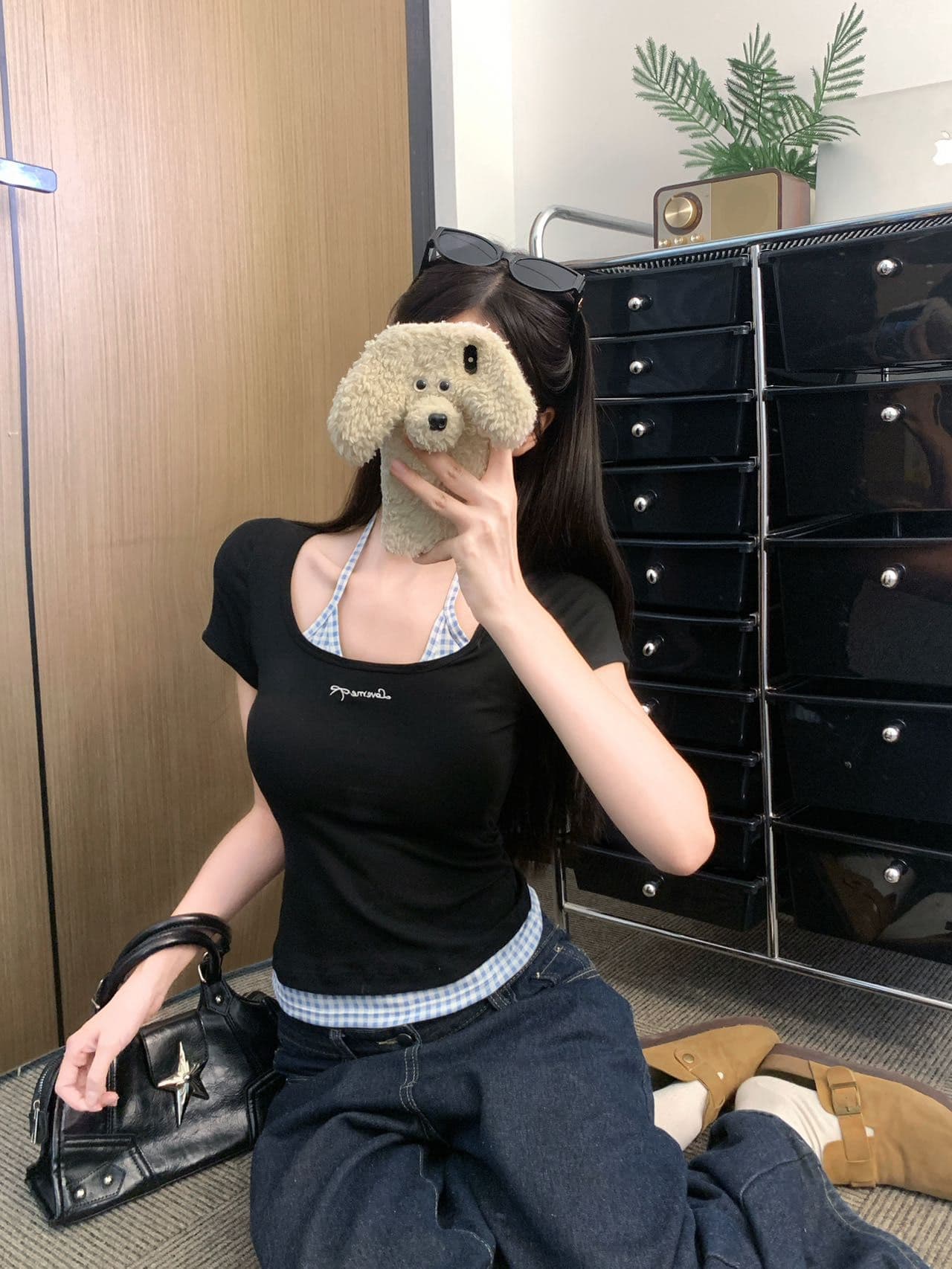 부드러운 황색 싸움 블루 체크무늬 행침 목 슬립 반팔 여성 여름 2025 새로운 몸매 가꾸기 허리 수축 슬림해 보이는 긍정적 인 어깨 의류 상세 이미지 19