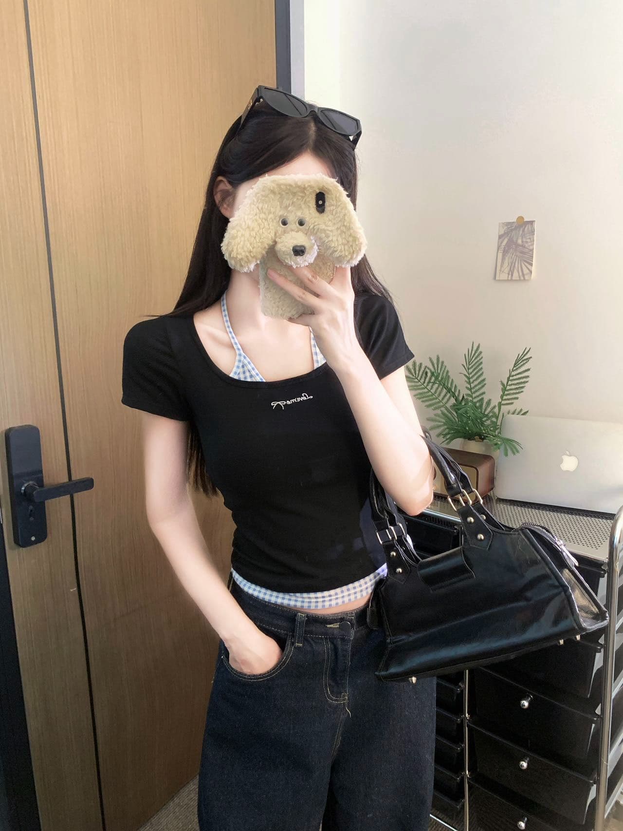 부드러운 황색 싸움 블루 체크무늬 행침 목 슬립 반팔 여성 여름 2025 새로운 몸매 가꾸기 허리 수축 슬림해 보이는 긍정적 인 어깨 의류 상세 이미지 20