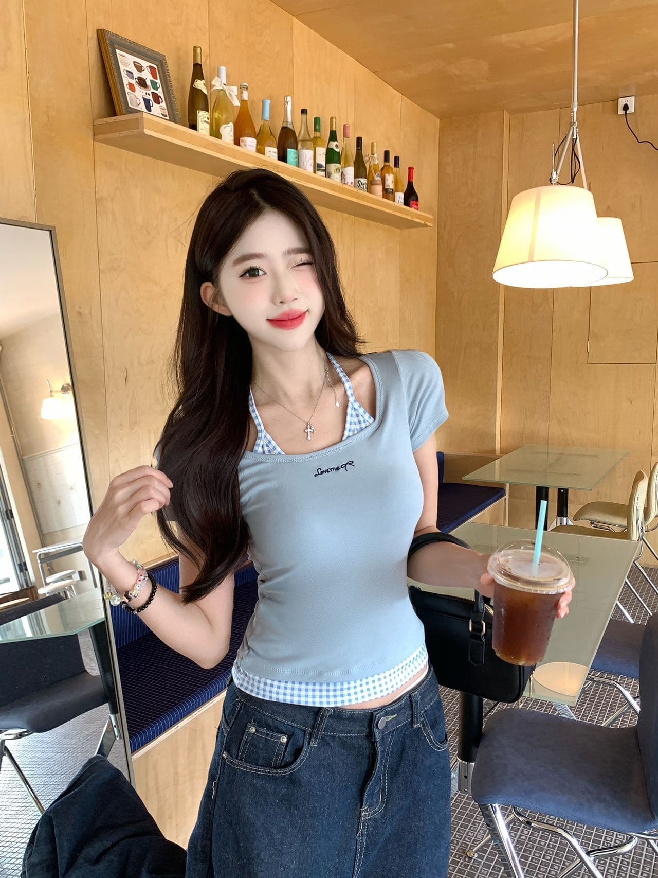 부드러운 황색 싸움 블루 체크무늬 행침 목 슬립 반팔 여성 여름 2025 새로운 몸매 가꾸기 허리 수축 슬림해 보이는 긍정적 인 어깨 의류 상세 이미지 26