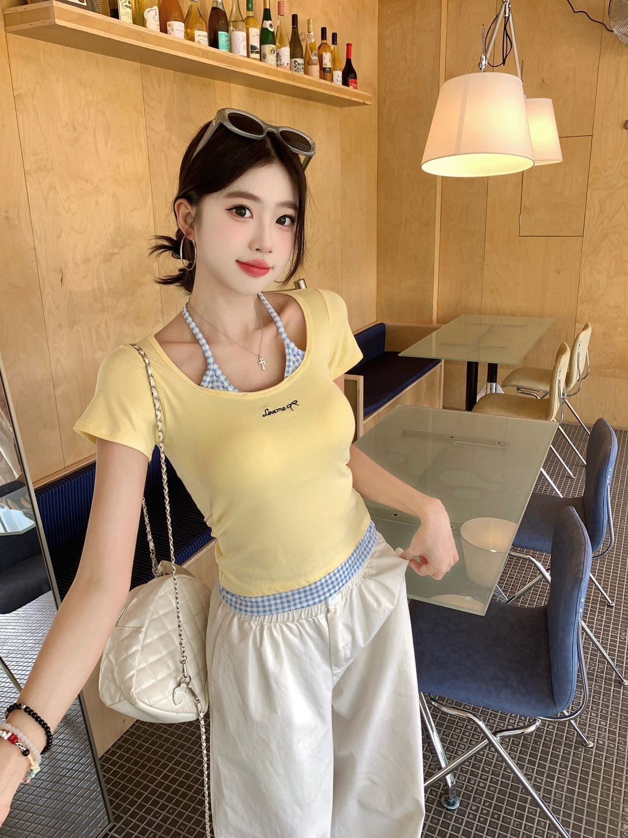 부드러운 황색 싸움 블루 체크무늬 행침 목 슬립 반팔 여성 여름 2025 새로운 몸매 가꾸기 허리 수축 슬림해 보이는 긍정적 인 어깨 의류 상세 이미지 28