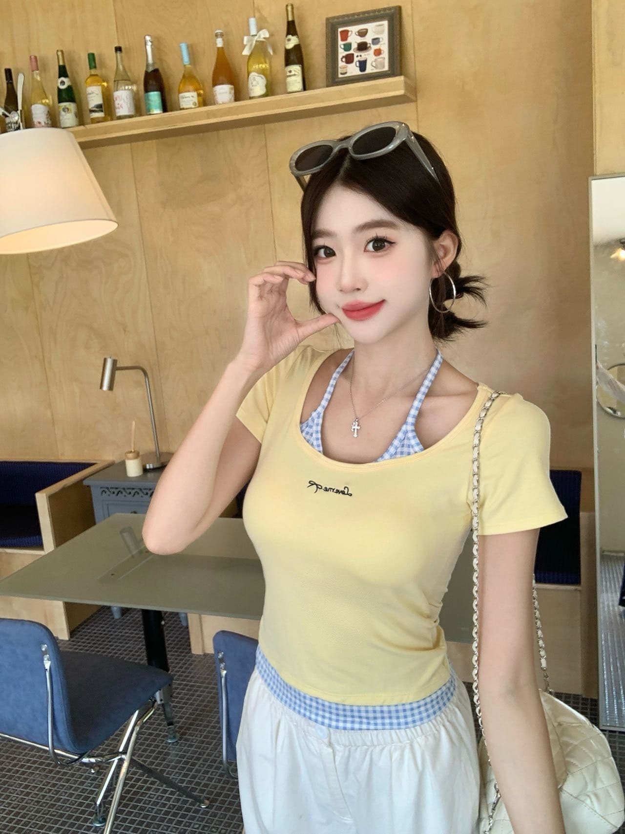 부드러운 황색 싸움 블루 체크무늬 행침 목 슬립 반팔 여성 여름 2025 새로운 몸매 가꾸기 허리 수축 슬림해 보이는 긍정적 인 어깨 의류 상세 이미지 29