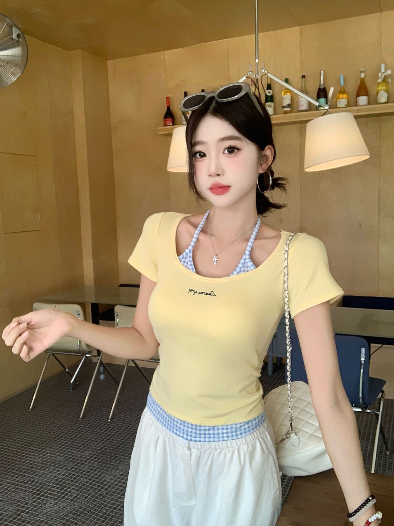 부드러운 황색 싸움 블루 체크무늬 행침 목 슬립 반팔 여성 여름 2025 새로운 몸매 가꾸기 허리 수축 슬림해 보이는 긍정적 인 어깨 의류 상세 이미지 30