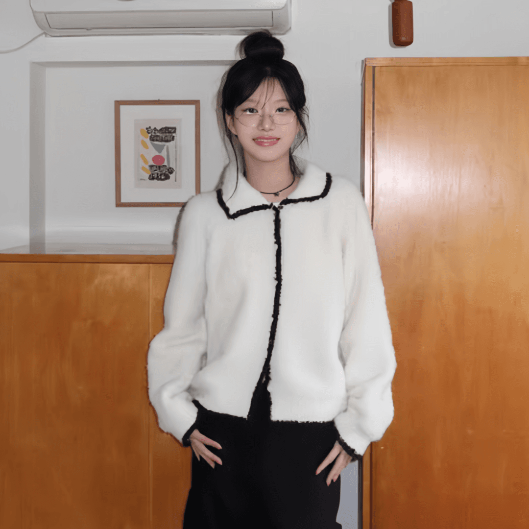 레트로 배색 폴로 칼라 스웨터 여성 코트 가을 겨울 부드러운 찹쌀 외출용 루즈핏 느긋한 바람 캐주얼 니트 오픈 가디건 맨위