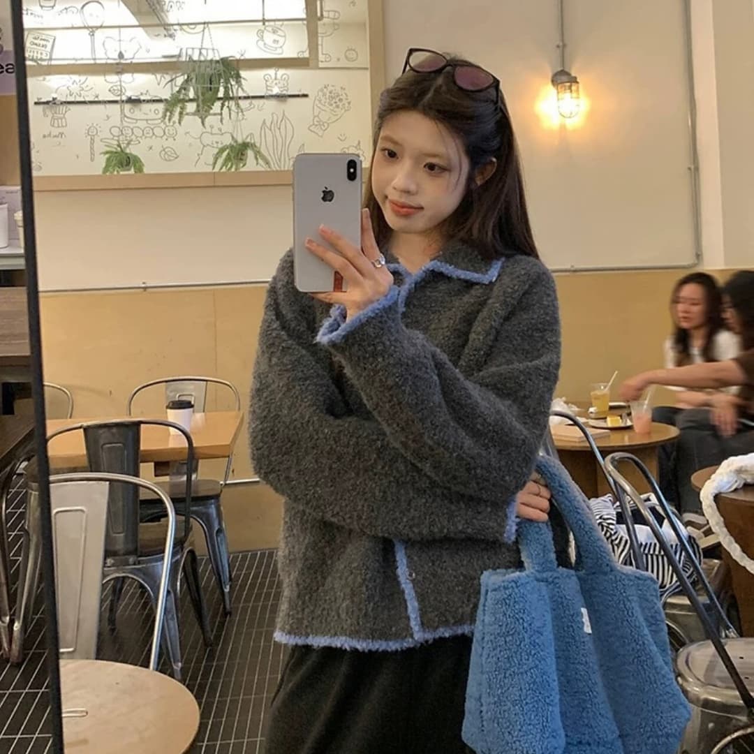 레트로 배색 폴로 칼라 스웨터 여성 코트 가을 겨울 부드러운 찹쌀 외출용 루즈핏 느긋한 바람 캐주얼 니트 오픈 가디건 맨위 이미지 4