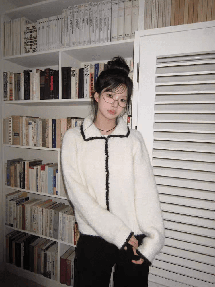 레트로 배색 폴로 칼라 스웨터 여성 코트 가을 겨울 부드러운 찹쌀 외출용 루즈핏 느긋한 바람 캐주얼 니트 오픈 가디건 맨위 상세 이미지 1