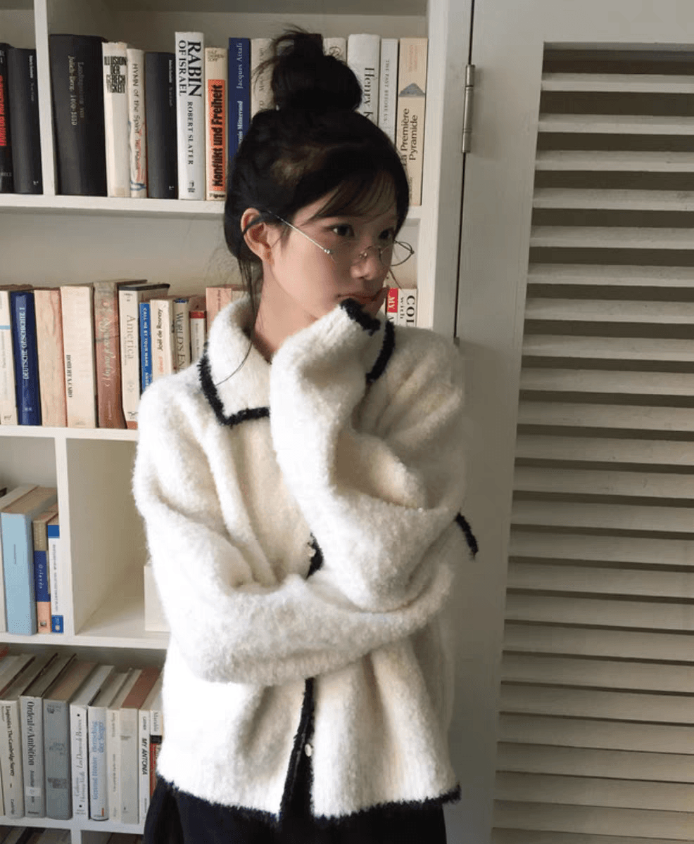 레트로 배색 폴로 칼라 스웨터 여성 코트 가을 겨울 부드러운 찹쌀 외출용 루즈핏 느긋한 바람 캐주얼 니트 오픈 가디건 맨위 상세 이미지 3