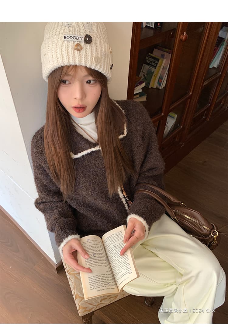 레트로 배색 폴로 칼라 스웨터 여성 코트 가을 겨울 부드러운 찹쌀 외출용 루즈핏 느긋한 바람 캐주얼 니트 오픈 가디건 맨위 상세 이미지 29