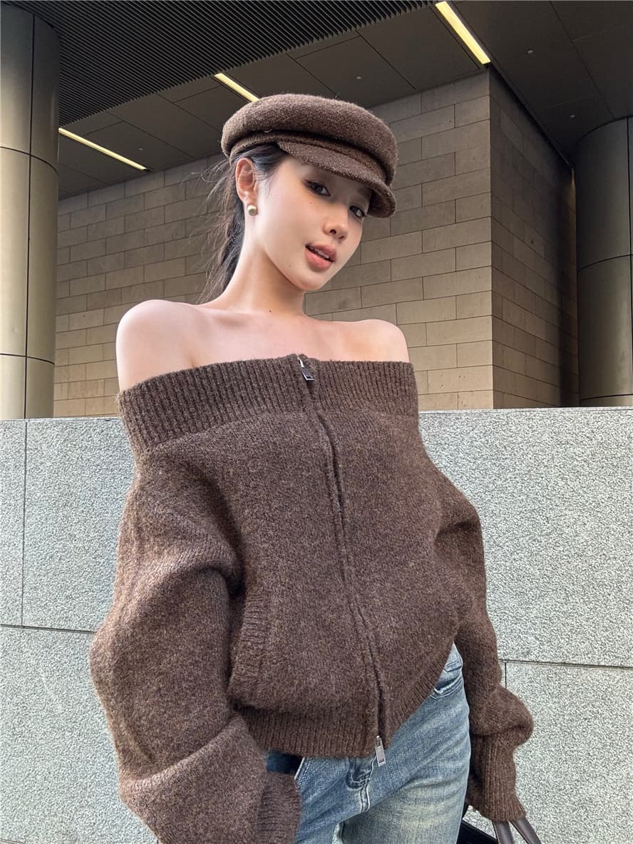 한 부서 국가 동대문 레트로 지퍼 오프숄더 스웨터 코트 그리스 미학 분위기 고급 센스 슬림해 보이는 상세 이미지 5