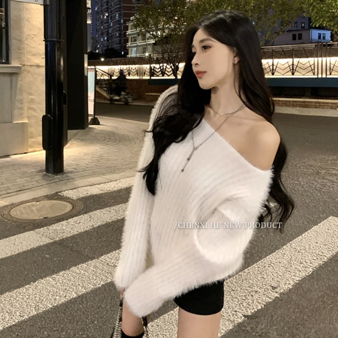 부드러운 찹쌀 밍크 플리스 스웨터 여자 가을 겨울 새로운 느긋한 단색 V넥 루즈핏 중간 길이 니트 스웨터 재킷