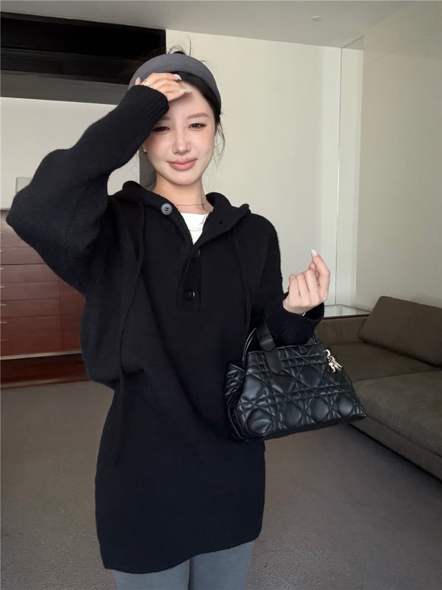 한국 스타일 패션 루즈핏 느긋한 바람 두꺼운 후드 긴팔 풀오버 허리밴드 반신 치마 세트 상세 이미지 13