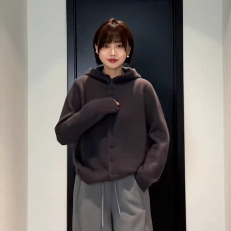 한 부서 패션 느긋한 후드 니트 오픈 가디건 여성 가을 겨울 새로운 루즈핏 다용도 싱글 줄 버튼 긴팔 스웨터 이미지 2