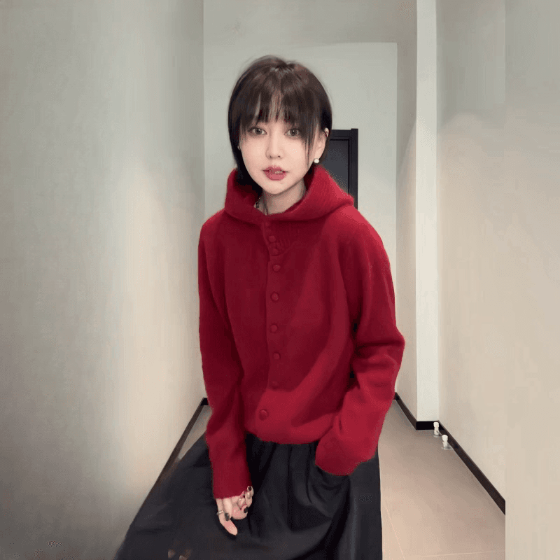 한 부서 패션 느긋한 후드 니트 오픈 가디건 여성 가을 겨울 새로운 루즈핏 다용도 싱글 줄 버튼 긴팔 스웨터 상세 이미지 5