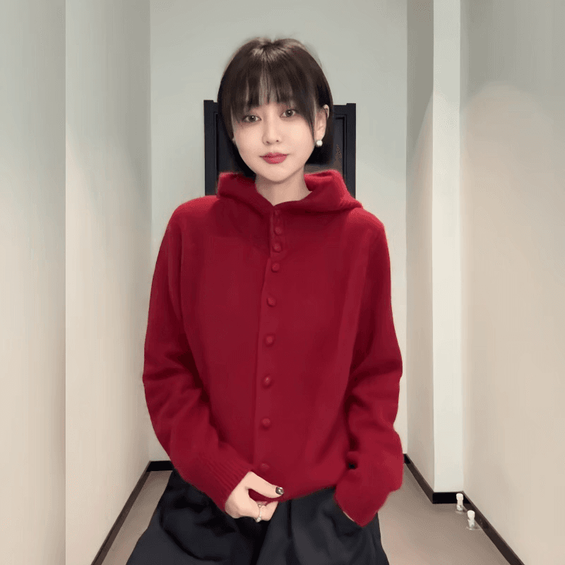 한 부서 패션 느긋한 후드 니트 오픈 가디건 여성 가을 겨울 새로운 루즈핏 다용도 싱글 줄 버튼 긴팔 스웨터 상세 이미지 8