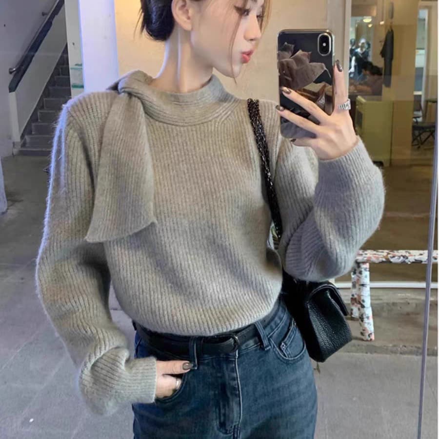 부드러운 바람 가을 겨울 디자인 센스 레이스업 목도리 한 부서 느긋한 다용도 인사이드 가져 가라. 풀오버 반하이넥 스웨터 여자
