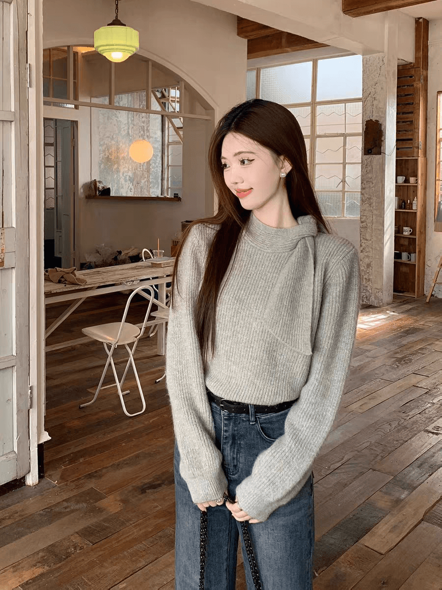 부드러운 바람 가을 겨울 디자인 센스 레이스업 목도리 한 부서 느긋한 다용도 인사이드 가져 가라. 풀오버 반하이넥 스웨터 여자 상세 이미지 4