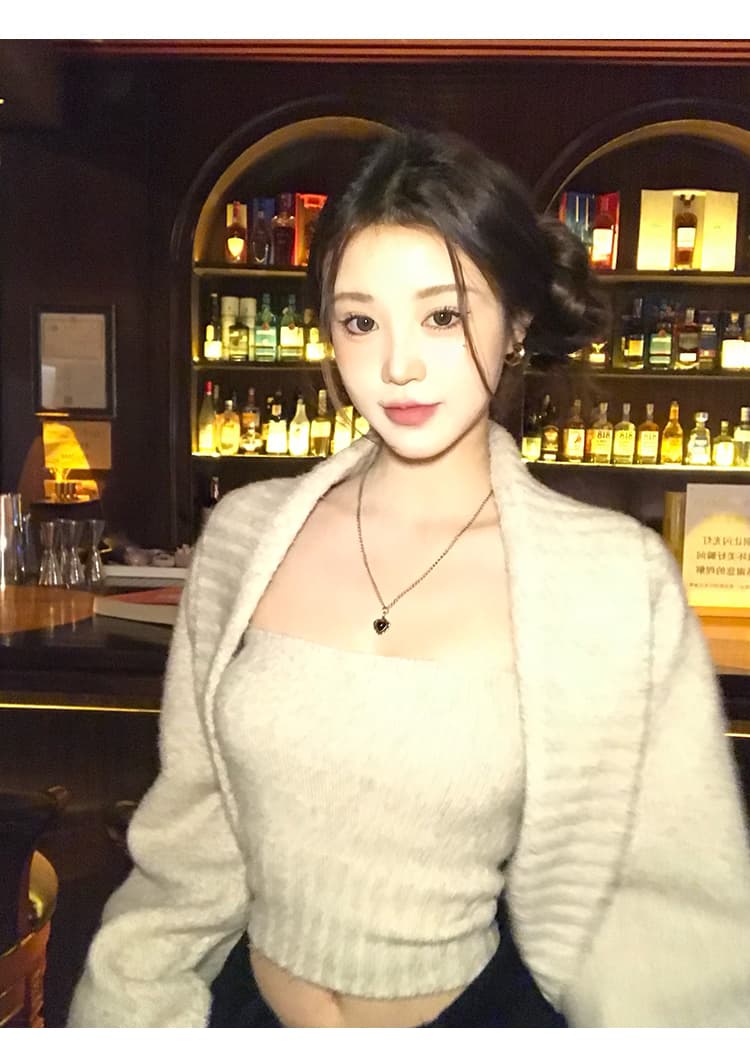 폴로 칼라 숄 스웨터 코트 튜브탑 여성 겨울 느긋한 바람 니트 스웨터 루즈핏 레트로 맨위 투피스 세트 상세 이미지 10