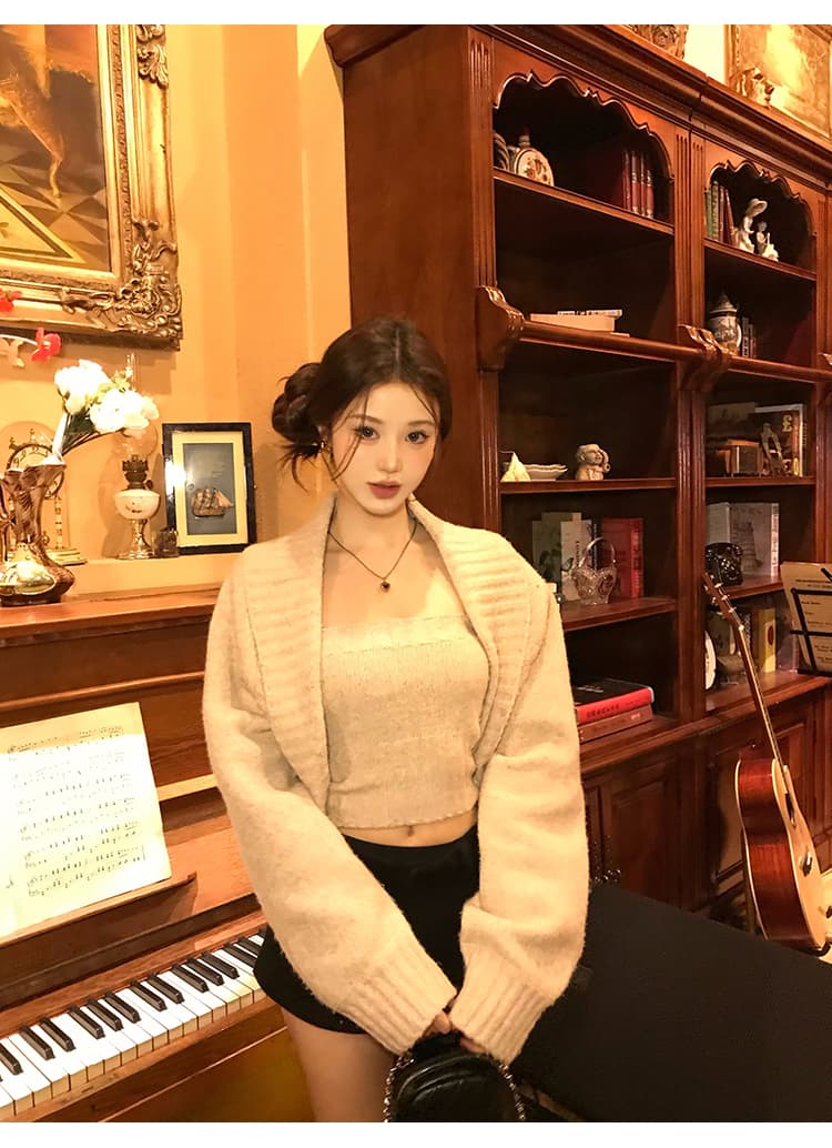 폴로 칼라 숄 스웨터 코트 튜브탑 여성 겨울 느긋한 바람 니트 스웨터 루즈핏 레트로 맨위 투피스 세트 상세 이미지 11