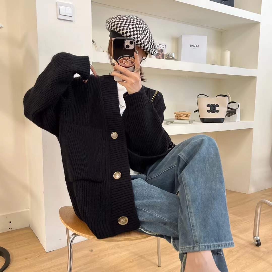 한 부서 작은 대중 V넥 스웨터 오픈 가디건 여자 중간 롱 코트 봄 새로운 두꺼운 선 니트 재킷 루즈핏 느긋한 두꺼운 이미지 5