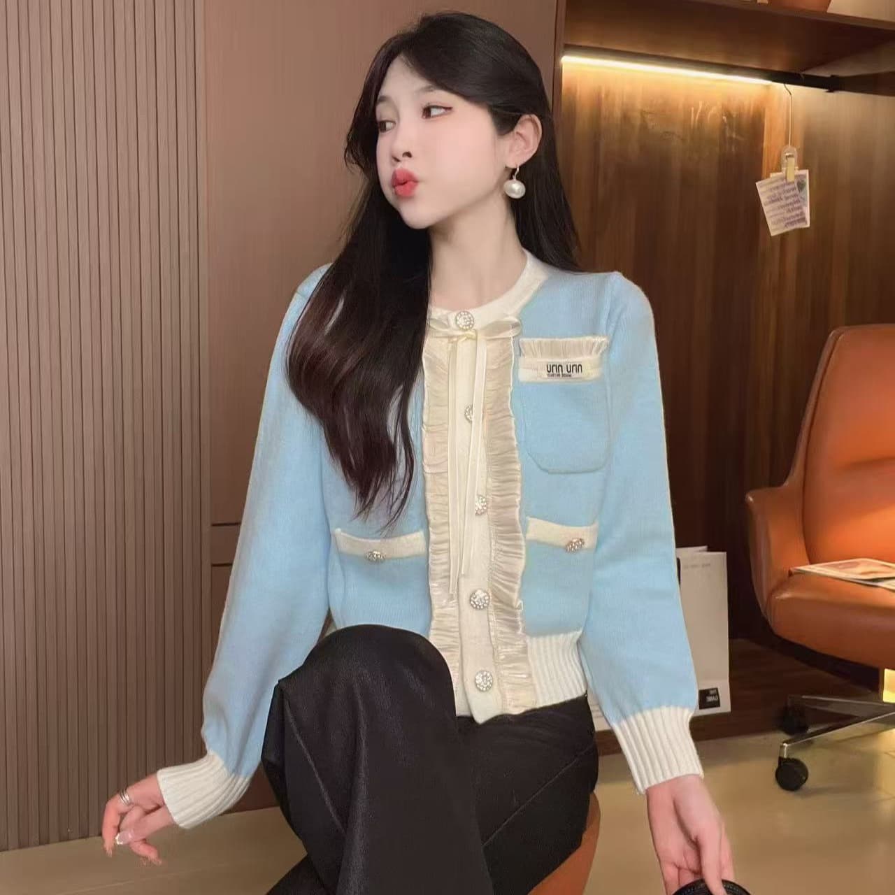 프랑스식 작은 샤넬 스타일 밝은 훈련 주머니 니트 오픈 가디건 여성 봄 가을 새로운 달콤함 연령 감소 패션 부드러운 찹쌀 스웨터 코트 이미지 3