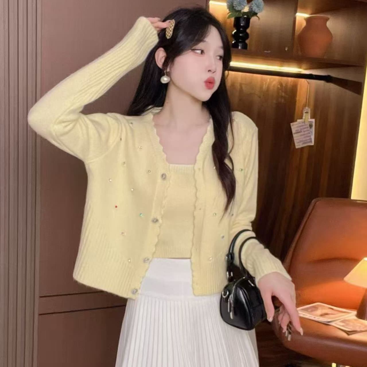한 부서 디자인 센스 벨트 다이아몬드 슬립 플러스 오픈 가디건 스웨터 가을 겨울 품격 작은 대중 슬림해 보이는 다용도 니트 투피스 세트