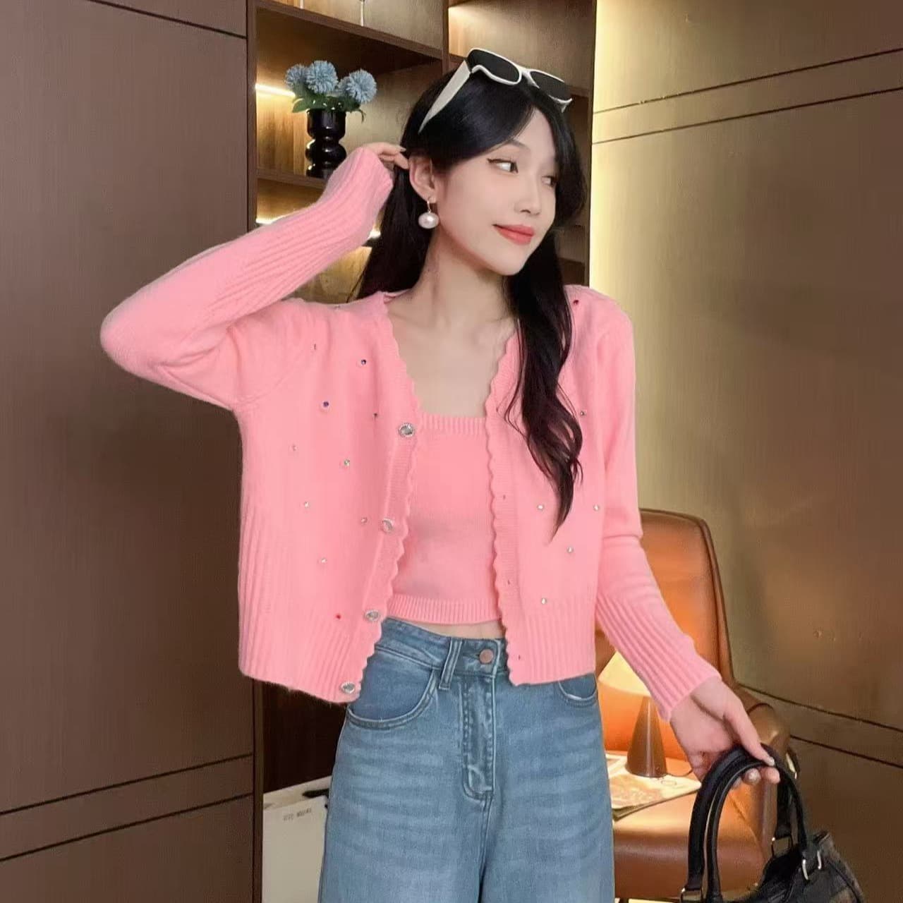 한 부서 디자인 센스 벨트 다이아몬드 슬립 플러스 오픈 가디건 스웨터 가을 겨울 품격 작은 대중 슬림해 보이는 다용도 니트 투피스 세트 이미지 4