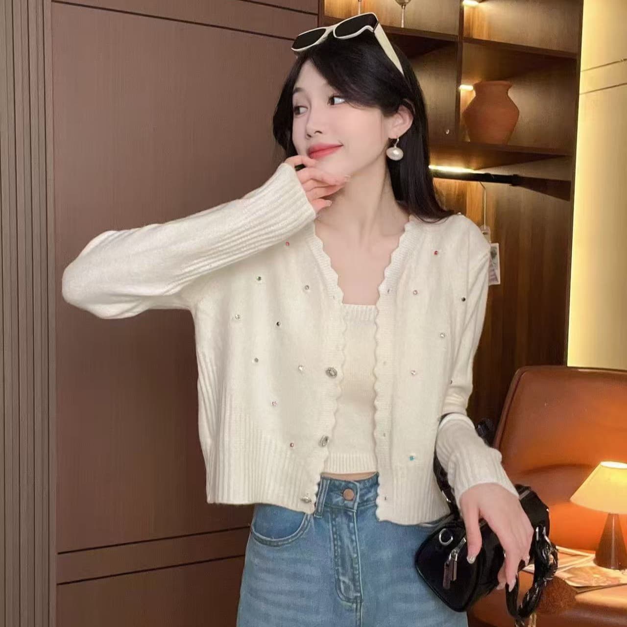 한 부서 디자인 센스 벨트 다이아몬드 슬립 플러스 오픈 가디건 스웨터 가을 겨울 품격 작은 대중 슬림해 보이는 다용도 니트 투피스 세트 이미지 2