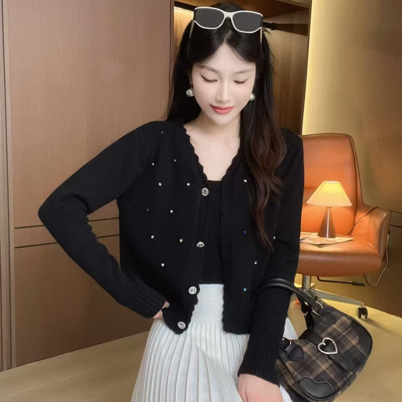 한 부서 디자인 센스 벨트 다이아몬드 슬립 플러스 오픈 가디건 스웨터 가을 겨울 품격 작은 대중 슬림해 보이는 다용도 니트 투피스 세트 이미지 5