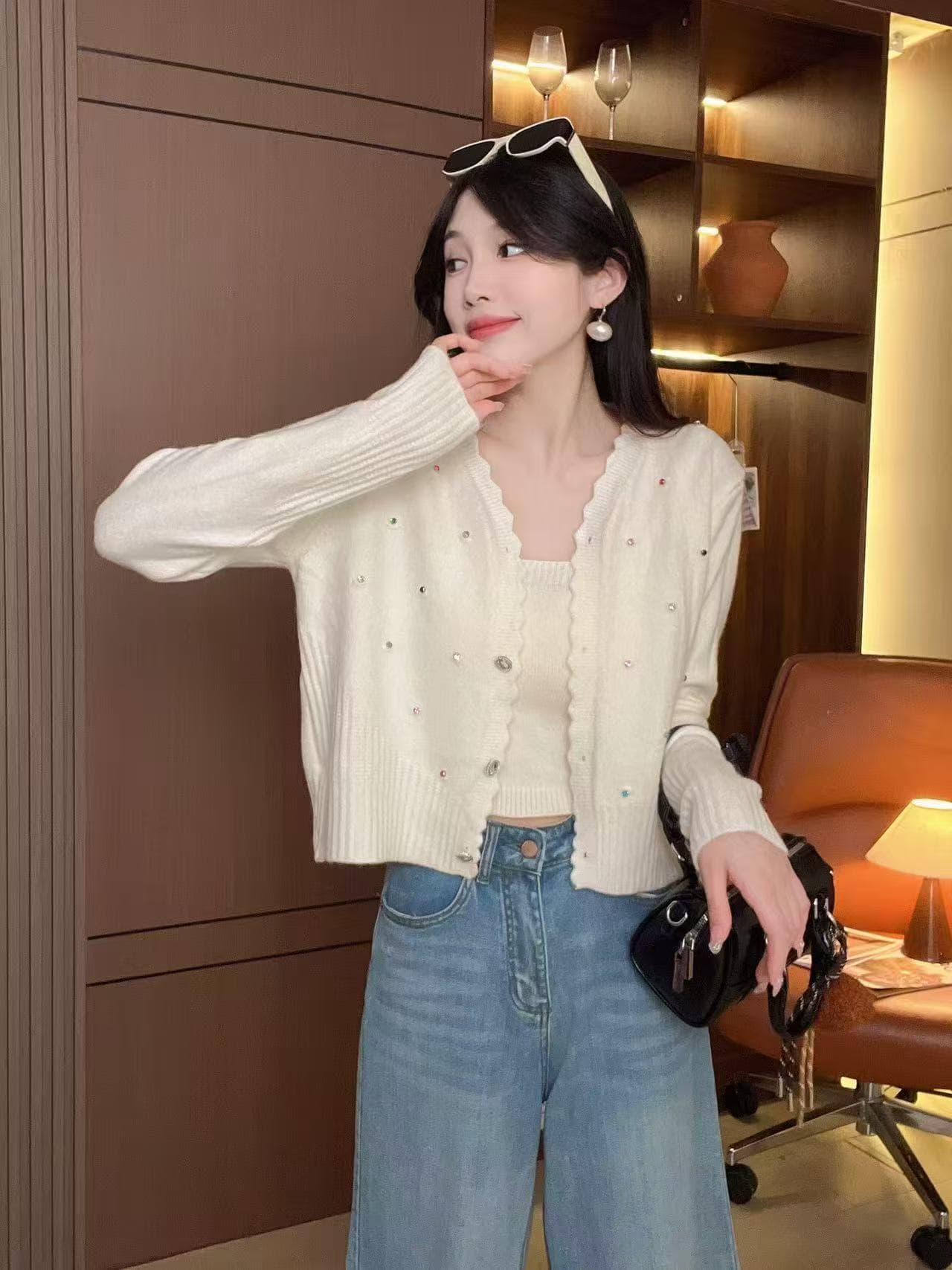 한 부서 디자인 센스 벨트 다이아몬드 슬립 플러스 오픈 가디건 스웨터 가을 겨울 품격 작은 대중 슬림해 보이는 다용도 니트 투피스 세트 상세 이미지 3