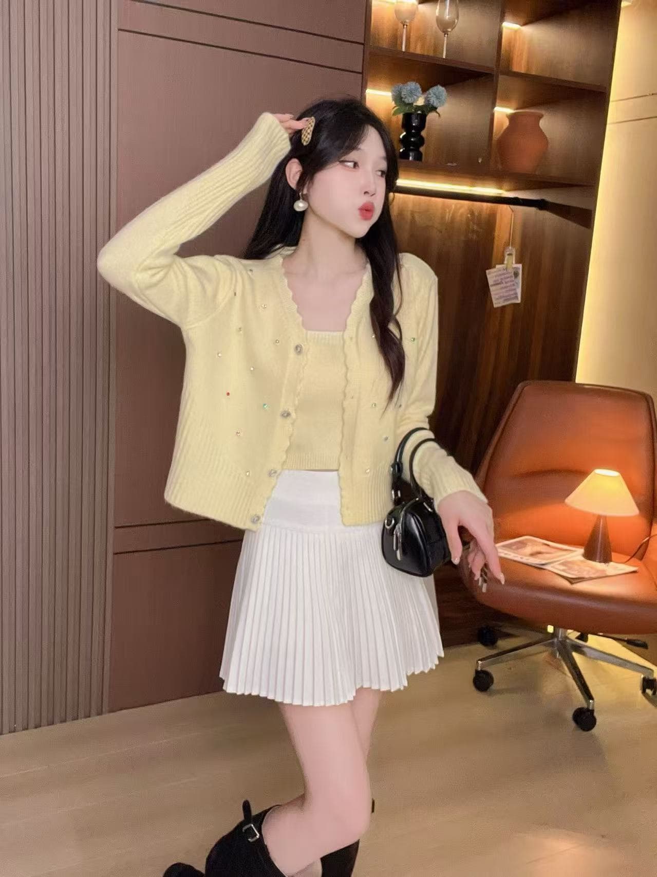 한 부서 디자인 센스 벨트 다이아몬드 슬립 플러스 오픈 가디건 스웨터 가을 겨울 품격 작은 대중 슬림해 보이는 다용도 니트 투피스 세트 상세 이미지 9
