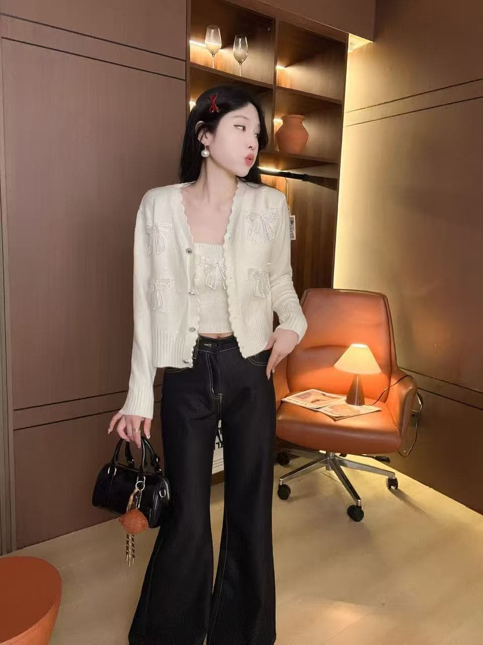 프랑스식 달콤함 3 차원 나비 매듭 라운드 넥 니트 오픈 가디건 플러스 슬립 여성 2026 새로운 연령 감소 다용도 투피스 세트 상세 이미지 9