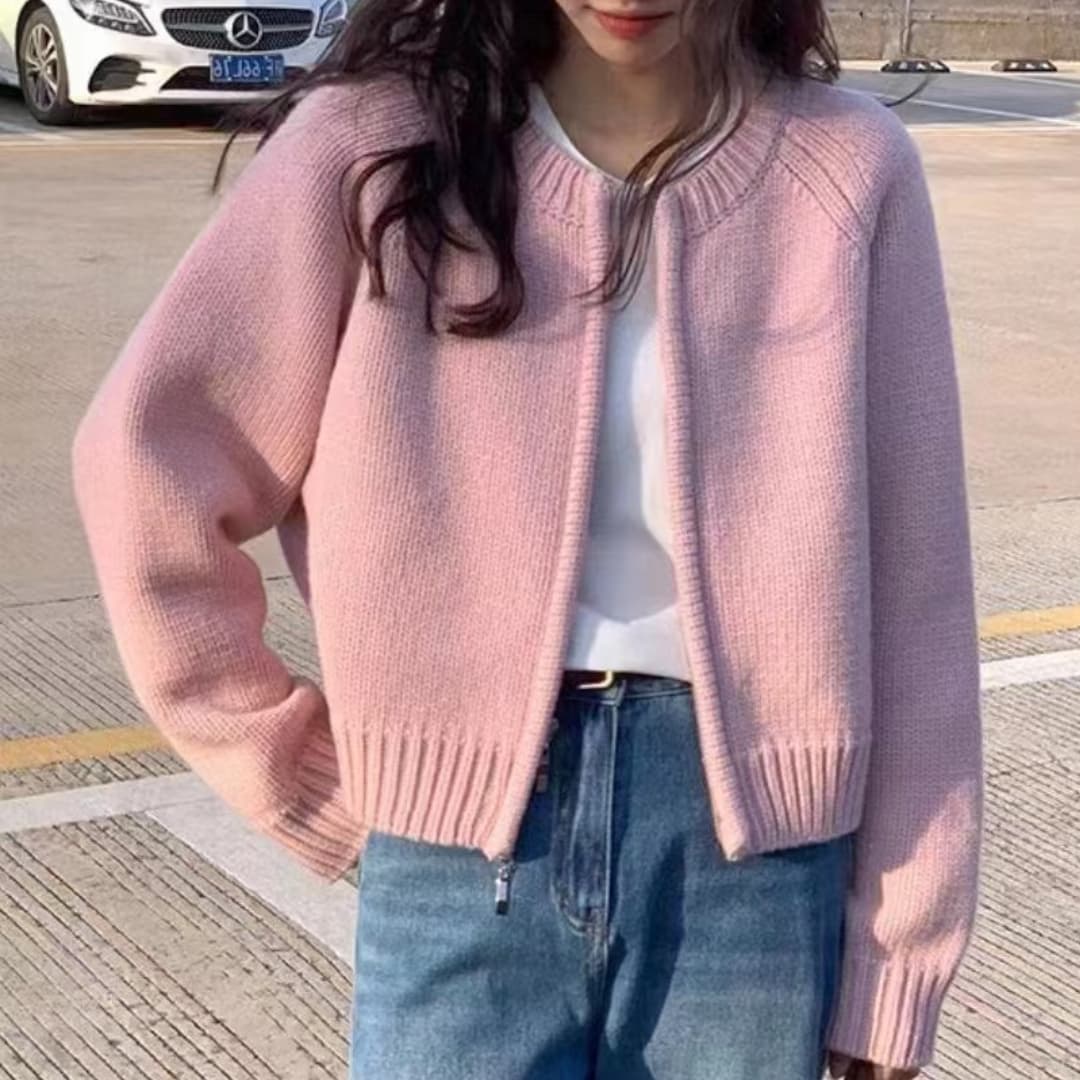 한 부서 라운드 넥 지퍼 스웨터 여성 코트 부드러운 루즈핏 쇼트 스타일 작은 키 니트 오픈 가디건 맨위 이미지 3