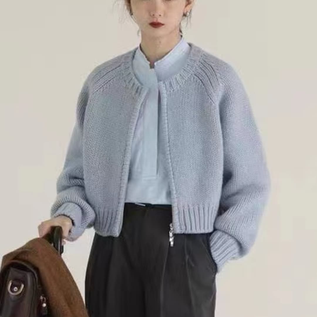 한 부서 라운드 넥 지퍼 스웨터 여성 코트 부드러운 루즈핏 쇼트 스타일 작은 키 니트 오픈 가디건 맨위 이미지 4