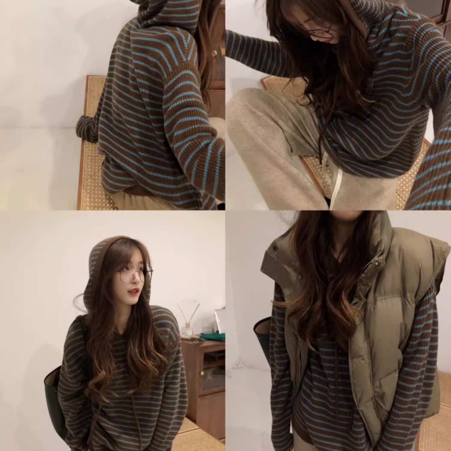 느긋한 바람 와이드 부드러운 찹쌀 스트라이프 후드 니트 스웨터 후드티 여성 가을 겨울 느슨함 센스 착용 가져 가라. 스웨터 코트 맨위 이미지 5