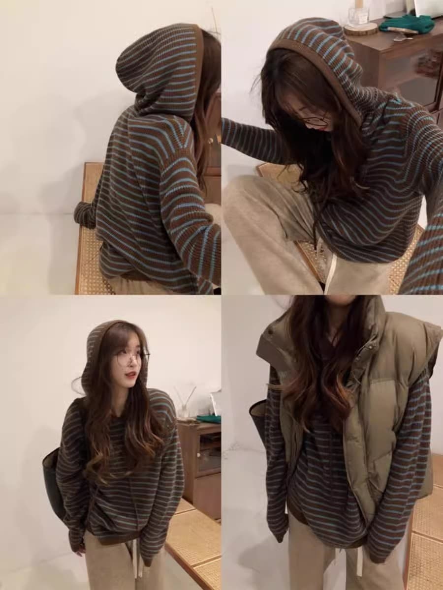 느긋한 바람 와이드 부드러운 찹쌀 스트라이프 후드 니트 스웨터 후드티 여성 가을 겨울 느슨함 센스 착용 가져 가라. 스웨터 코트 맨위 상세 이미지 14