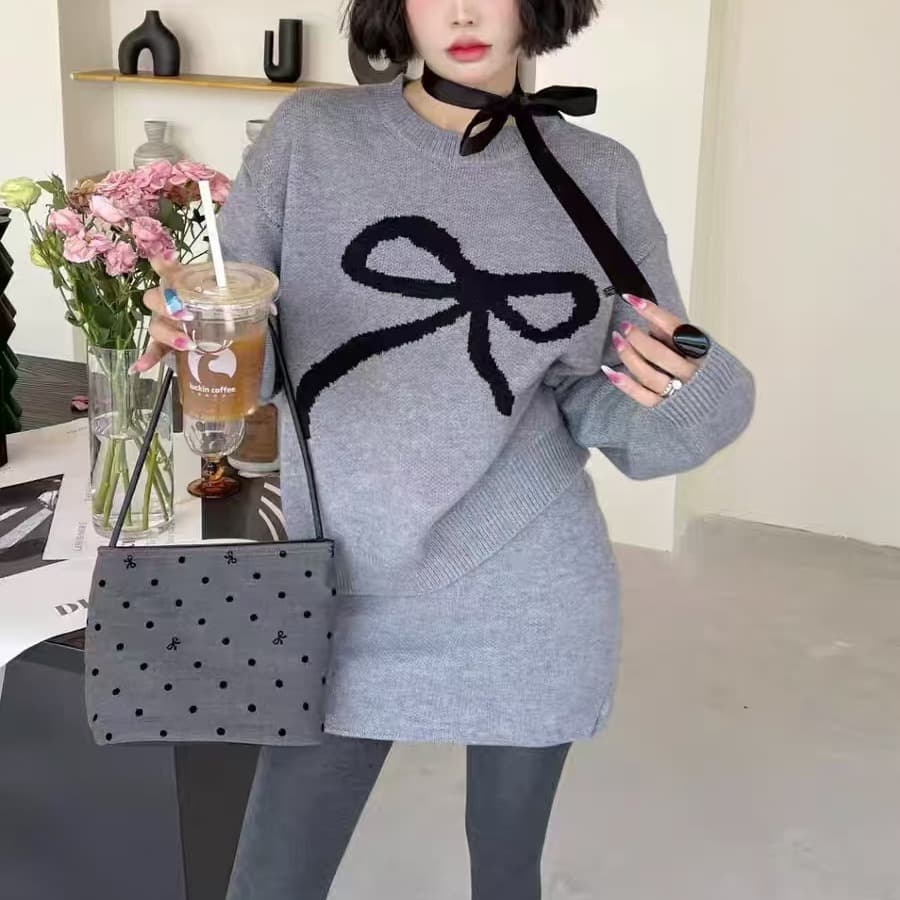 한 부서 신년 크리스마스 레드 연령 감소 품격 라운드 넥 나비 매듭 자카드 부드러운 찹쌀 루즈핏 다용도 긴팔 니트 스웨터 이미지 2
