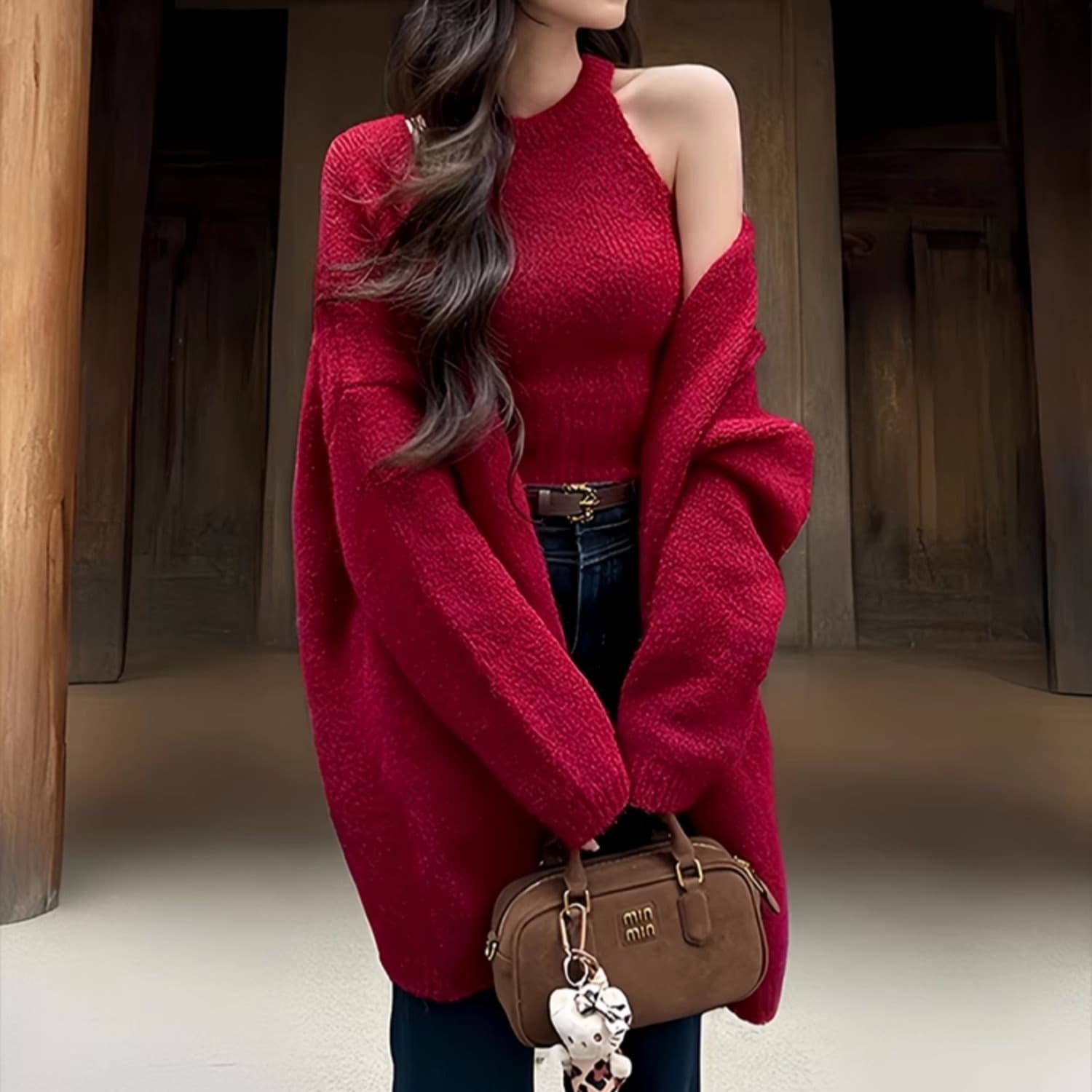 한국 동대문 요리 한 lady 레트로 느긋한 품격 여자 오픈 가디건 슬립 맨위 슬림해 보이는 느슨함 센스 세트 이미지 2