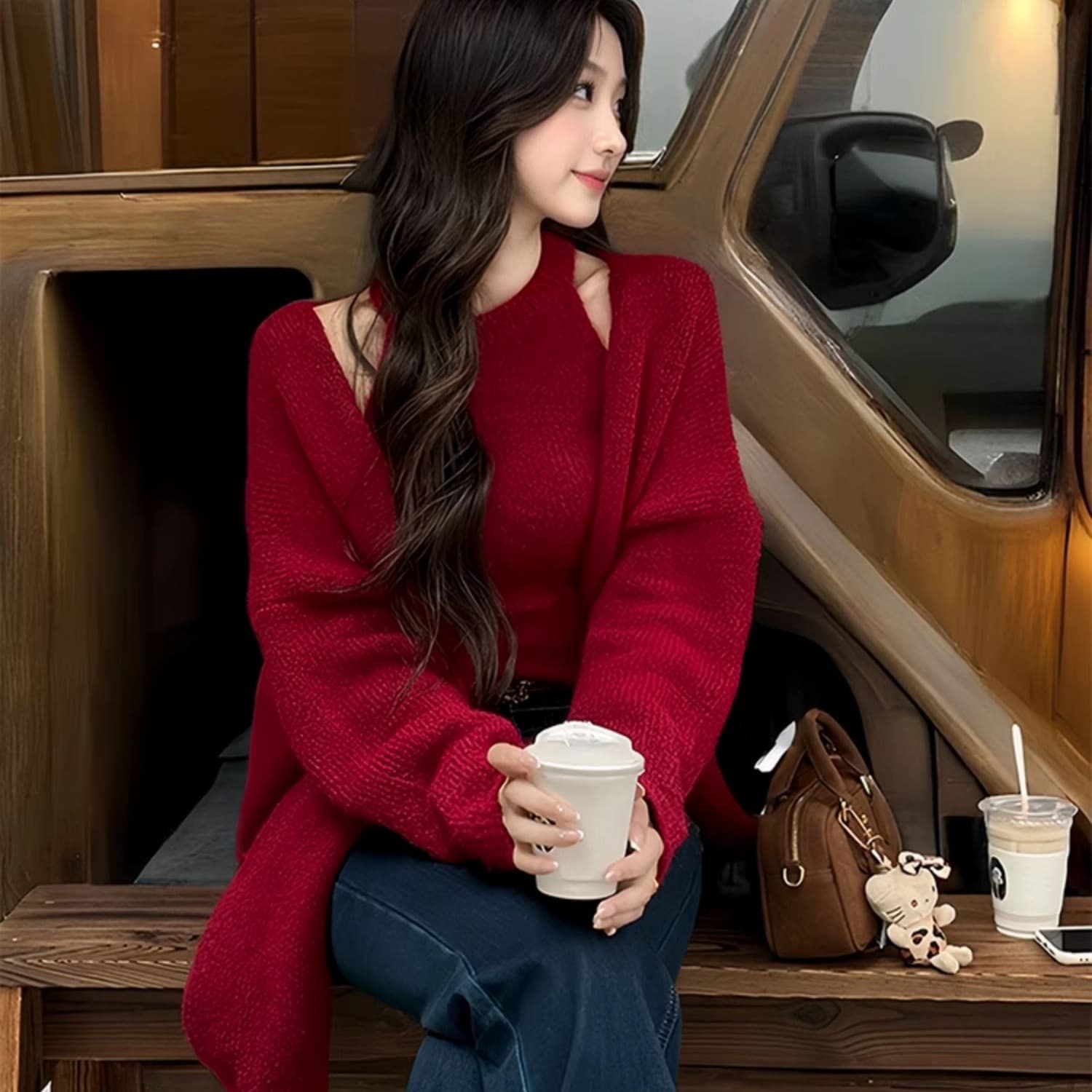 한국 동대문 요리 한 lady 레트로 느긋한 품격 여자 오픈 가디건 슬립 맨위 슬림해 보이는 느슨함 센스 세트 이미지 3