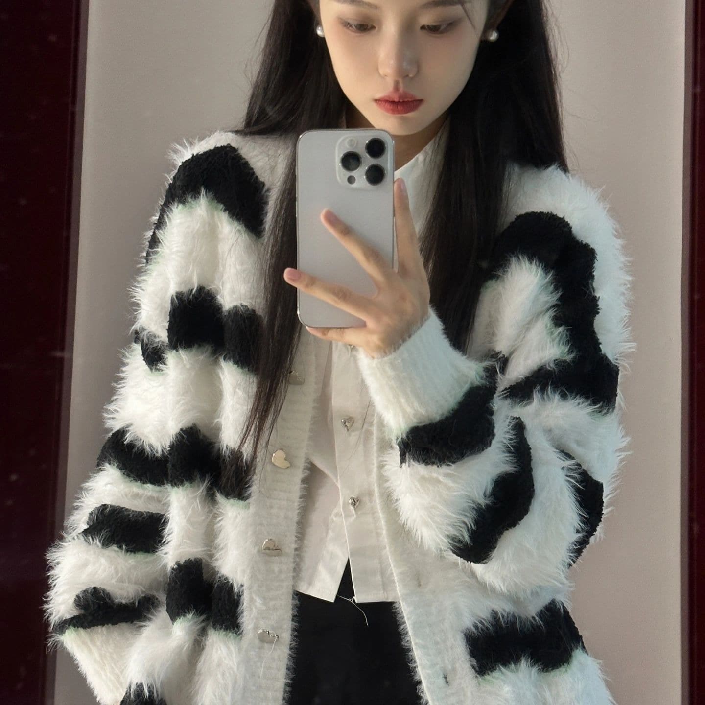 항구 바람 클래식 스트라이프 배색 모방 수달 털 오픈 가디건 스웨터 여자 가을 겨울 새로운 루즈핏 다용도 니트 스웨터 재킷 이미지 5