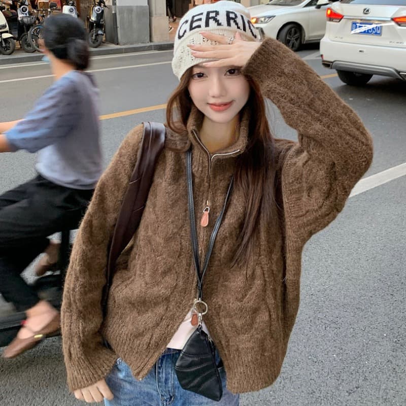 레트로 느긋한 바람 분위기 센스 더블 지퍼 오픈 가디건 여성 가을 루즈핏 슬림해 보이는 긴팔 쇼트 스타일 맨위 이미지 5