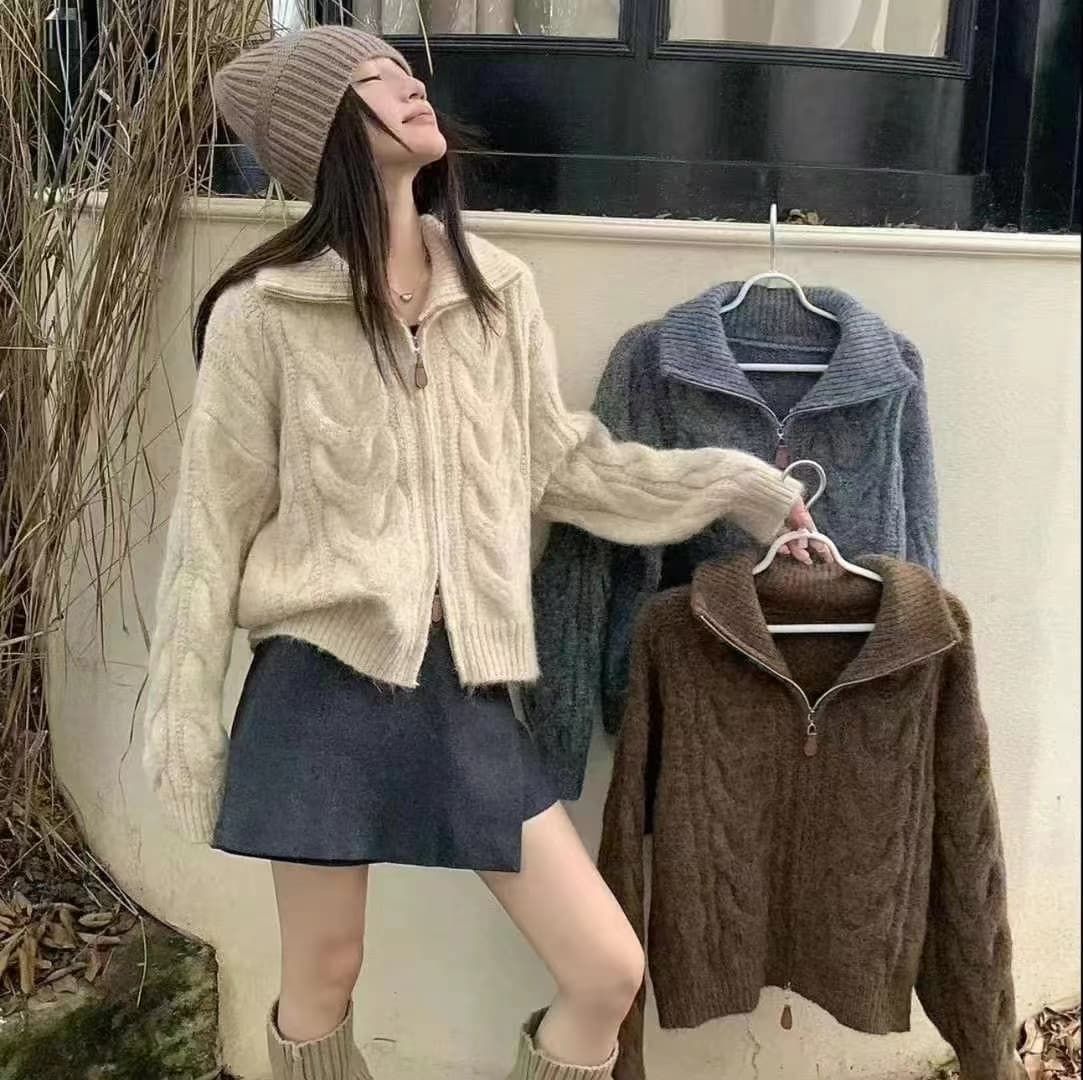 레트로 느긋한 바람 분위기 센스 더블 지퍼 오픈 가디건 여성 가을 루즈핏 슬림해 보이는 긴팔 쇼트 스타일 맨위 상세 이미지 6