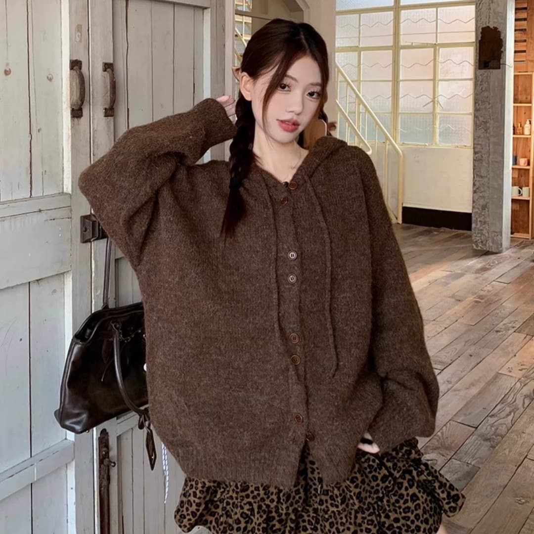 한 부서 부드러운 찹쌀 루즈핏 니트 후드 스웨터 여성 코트 봄 가을 부드러운 바람 달콤함 Chic 긴팔 맨위 오픈 가디건
