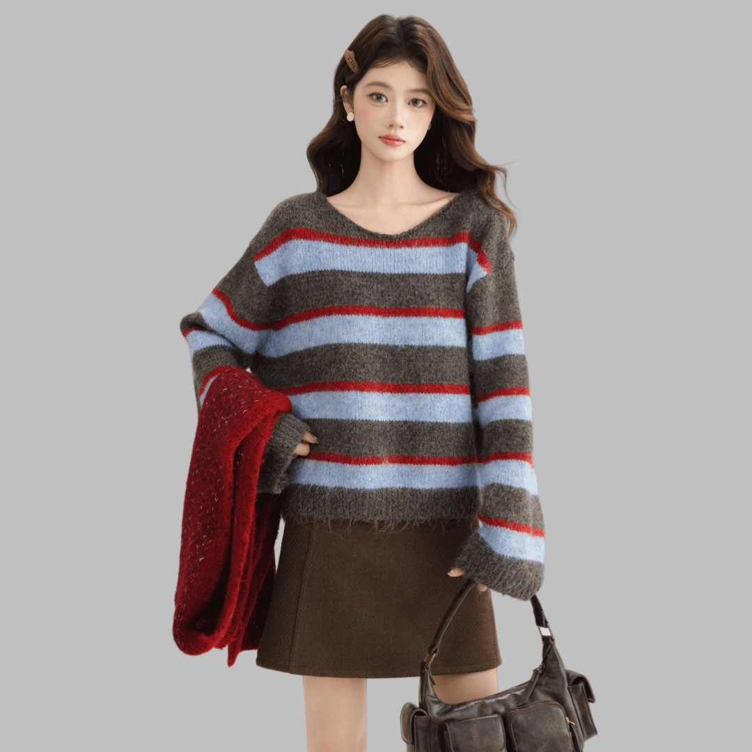 한 부서 배색 스트라이프 스웨터 가을 겨울 새로운 여성 의류 느긋한 바람 느슨함 센스 부드러운 찹쌀 풀오버 니트 스웨터 맨위 트렌디 이미지 3