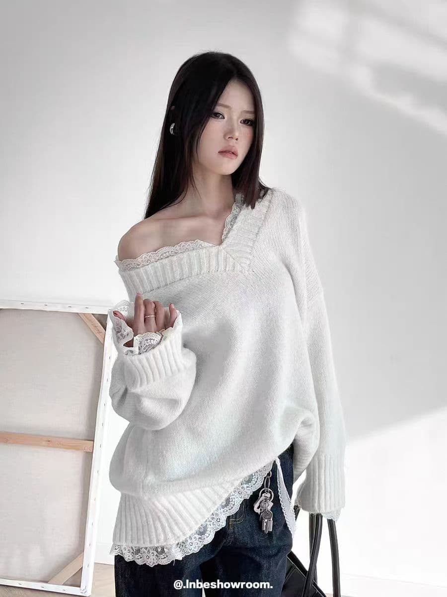 느긋한 바람 미니멀리즘 V넥 미니멀리즘 V넥 레이스 레이스 패치워크 새로운 고급 센스 니트 스웨터 가을 겨울 루즈핏 맨위 상세 이미지 6