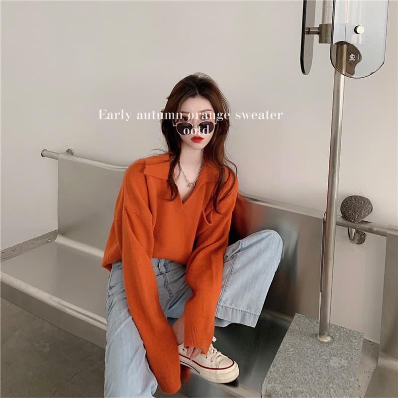 V넥 주황색 스웨터 여자 느긋한 풀오버 고급 센스 루즈핏 가을 겨울 니트 폴로 칼라 새로운 한국 스타일 슬림해 보이는 상세 이미지 1
