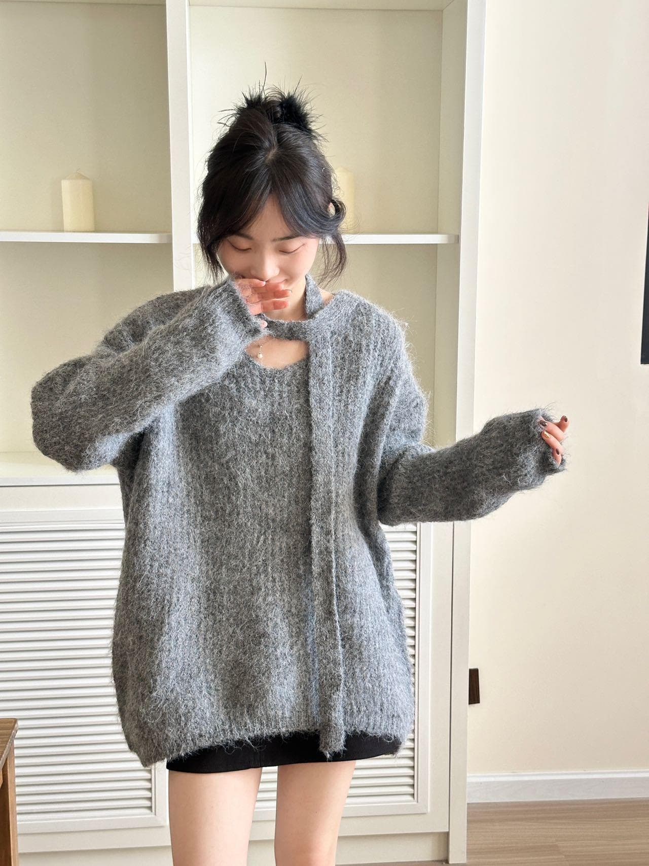 한국 chic 가을 겨울 V넥 행침 목 리본 루즈핏 느긋한 바람 혼방사 두꺼움 중간 길이 벨트 스웨터 상세 이미지 17