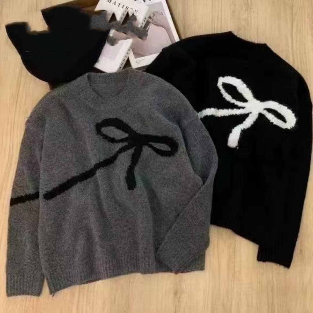 한국 chic 봄 연령 감소 품격 라운드 넥 나비 매듭 자카드 부드러운 찹쌀 루즈핏 다용도 긴팔 니트 스웨터 여자 이미지 5