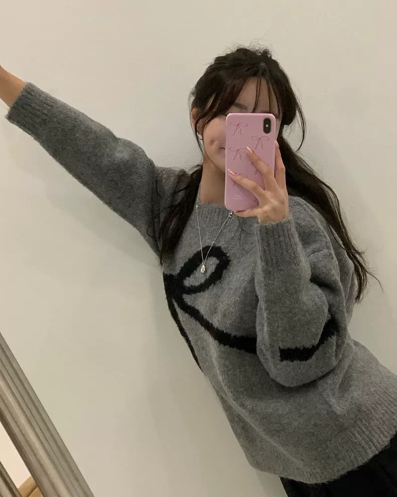 한국 chic 봄 연령 감소 품격 라운드 넥 나비 매듭 자카드 부드러운 찹쌀 루즈핏 다용도 긴팔 니트 스웨터 여자 상세 이미지 6